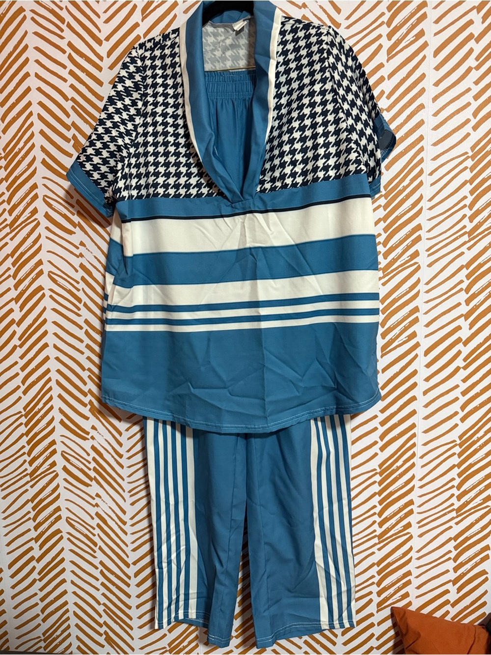 Blue Striped Two-Piece Set with Houndstooth Accent